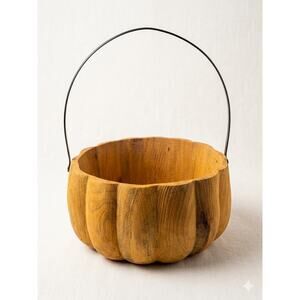 Vintage Hand-Carved Wooden Pumpkin Basket with Metal Handle